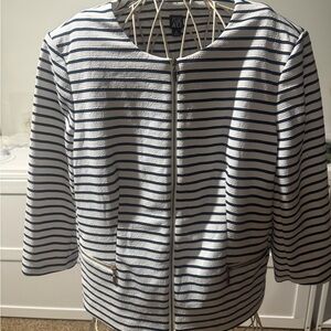 Roz & Ali Navy and White Striped Zip-Front Blazer